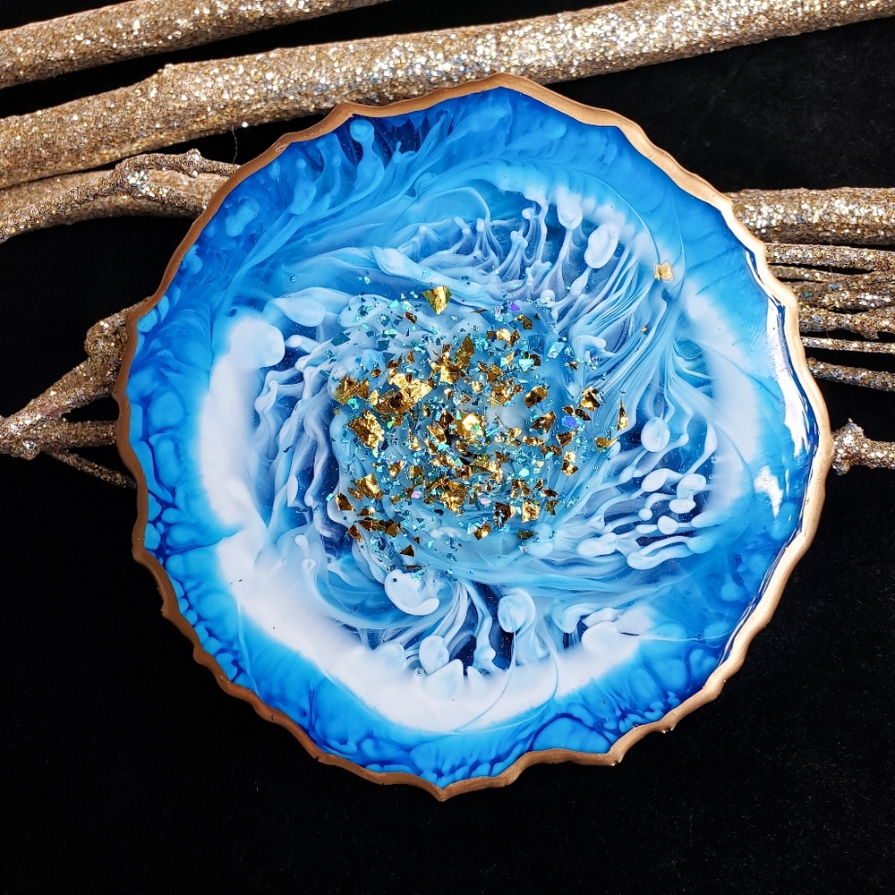 Set of 2 Resin Coasters, Handmade, Blue and Gold - Picture 1 of 10